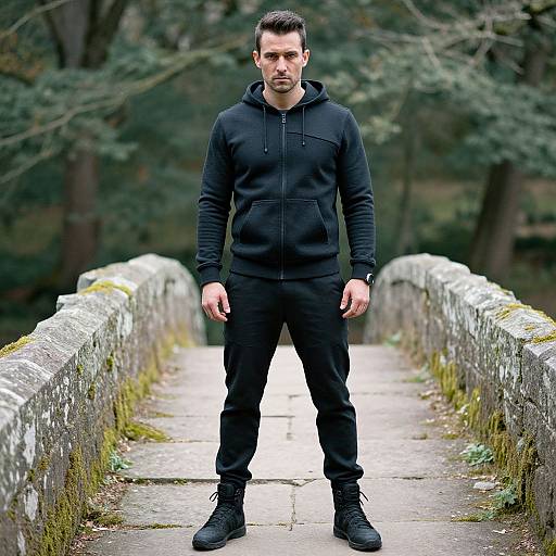 Photograph of a serious, short-haired man in black hoodie, pants, and boots standing on a mossy stone bridge in a forest.