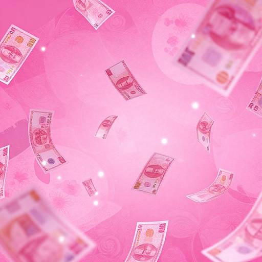 Digital artwork of floating pink money bills against a bright pink, circular, glowing background with blurred money patterns in the corners.