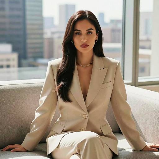 Photograph of a confident woman with long black hair, wearing a beige suit, gold necklace, sitting on a sunlit cityscape window.