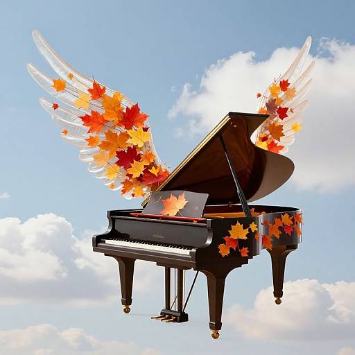 Digital illustration of a black grand piano with translucent angel wings adorned with autumn leaves, floating against a bright blue sky with fluffy white clouds.