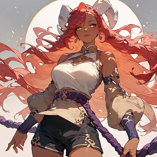 Fantasy Character with White Horns and Red Hair