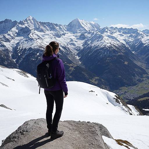 Photograph of a woman with dark hair in a ponytail, wearing a purple jacket and black pants, standing on a snow-covered rock, gazing