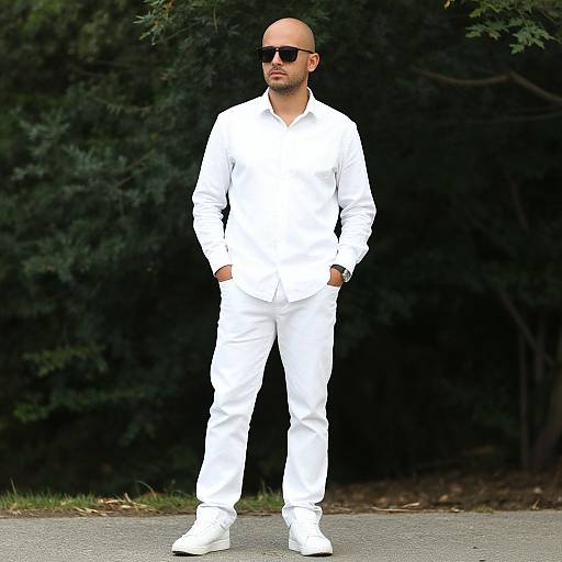 Stylish Bald Man in All White Outfit
