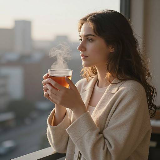 Photograph of a young woman with long brown hair, wearing a beige cardigan, holding a steaming orange tea, gazing out a sunlit
