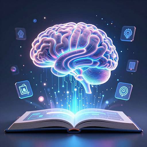 Digital illustration of a glowing, neon brain emerging from an open, illuminated book, surrounded by floating icons and blue light trails.