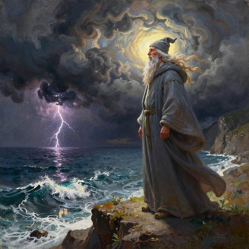 Wise Old Wizard by Stormy Ocean Cliff