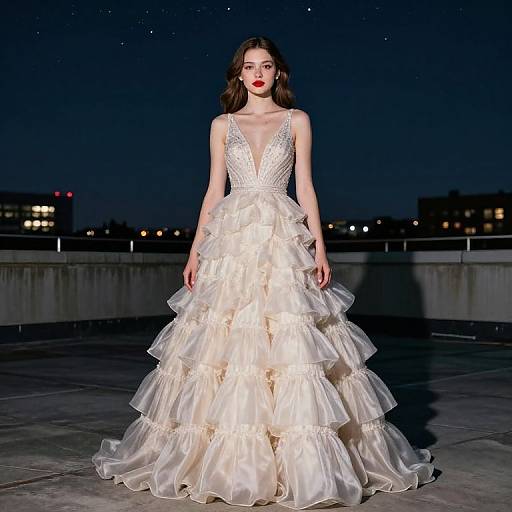 Photograph of a brunette woman in a white, deep V-neck, multi-layered ruffled ball gown, standing on a rooftop at night.
