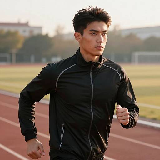 Photograph of an athletic Asian man with short black hair, wearing a black running jacket, jogging on a red track with a blurred green field and trees