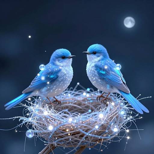 Ethereal Blue Birds on Moonlight Nest