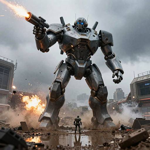 Photorealistic CGI of a massive, silver, blue-eyed mecha robot firing a cannon, towering over a small soldier in a ruined, smoke-filled