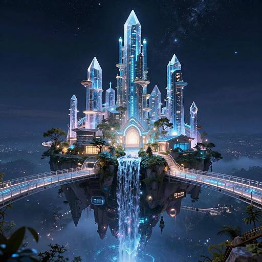 Digital art of a glowing, futuristic skyscraper city with neon blue lights, towering spires, and a waterfall, reflecting in a misty, star