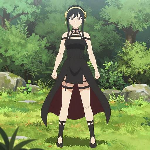 Anime-style digital drawing of a black-haired girl in a sleeveless black dress with a flowing back, standing in a lush, green forest. She wears
