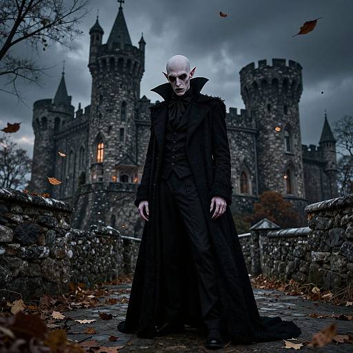 Photograph of a pale, bald vampire with pointed ears, wearing a black, long coat, standing in front of a medieval stone castle under a storm