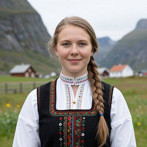 Photograph of a young Caucasian woman with a braided blonde ponytail, wearing a traditional Nordic dress with intricate embroidery, standing in a mountainous,