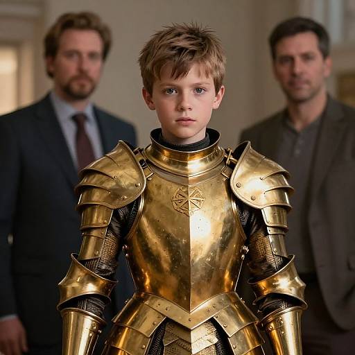 Photograph of a young boy with short brown hair, wearing shiny gold medieval armor, standing between two adult men in suits.