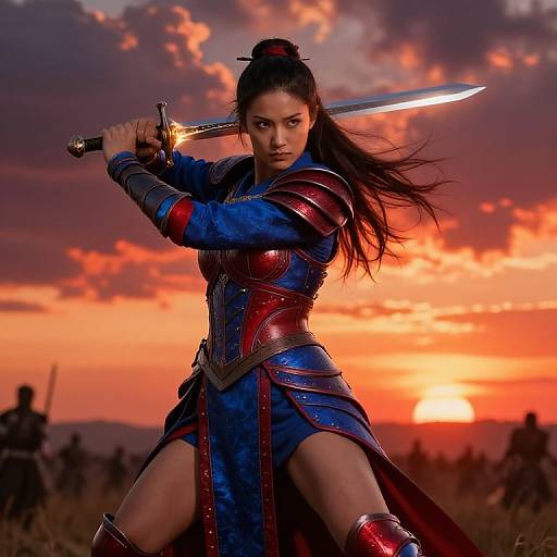 Photorealistic digital artwork of a fierce female warrior with long black hair, blue and red armor, holding a glowing sword, against a dramatic orange sunset