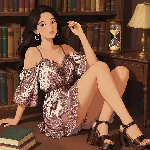 Digital anime-style drawing of a beautiful woman with long black hair, wearing a patterned off-shoulder dress and black heels, sitting on a wooden