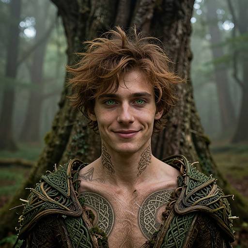 Photorealistic image of a young man with tousled brown hair, green eyes, and intricate tattoos, wearing ornate, Celtic-inspired armor, standing