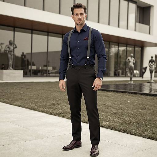 Photograph of a handsome, bearded man in a navy dress shirt, black trousers, suspenders, and brown shoes, standing in front of a