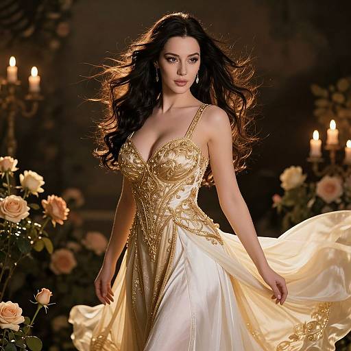 Photograph of a beautiful woman with long black hair in a gold and white, intricately embroidered, flowing gown, standing amidst glowing candles and roses,