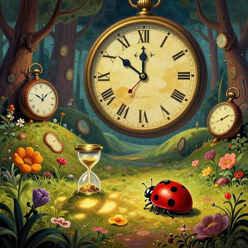 Digital fantasy artwork: Enchanted forest with giant clock, hourglass, red ladybug, colorful flowers, and three pocket watches, glowing in moon