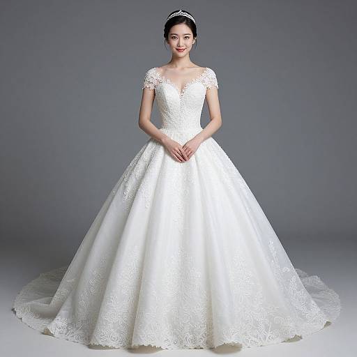 Photograph of an Asian bride in a white, lace-embellished, full-length wedding gown with cap sleeves, standing against a gray backdrop.