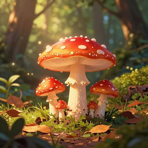 Photorealistic digital art of vibrant red and white-spotted mushrooms glowing in sunlight, surrounded by lush forest foliage, with sunlight filtering through trees in the