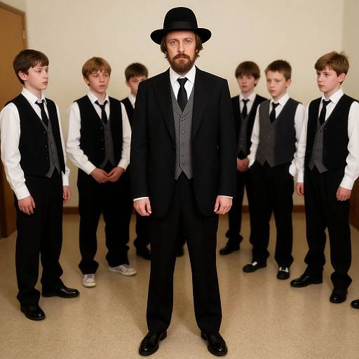 Photograph of a bearded man in a black suit, bowler hat, and vest standing in a room with six young boys in similar black vests