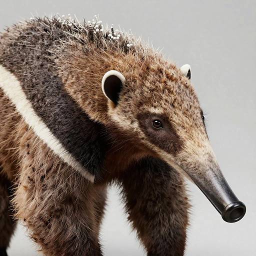 Photograph of a close-up brown bear with a thick, dark brown fur coat and a white stripe running along its back, set against a bright,