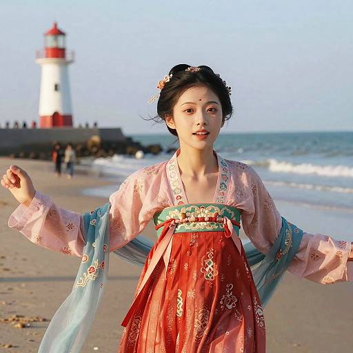 Sun-Kissed Hanfu Portrait by the Lighthouse