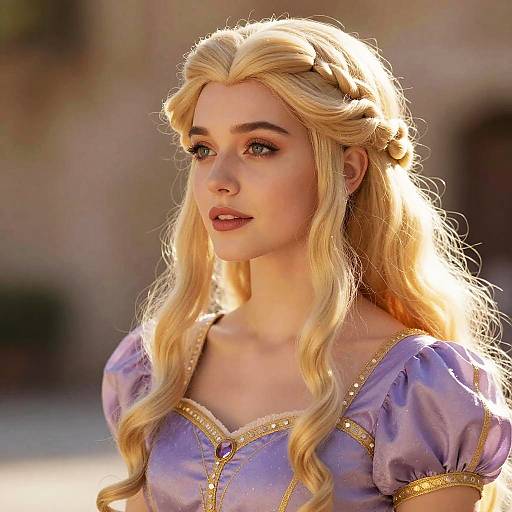 Photorealistic digital portrait of a fair-skinned blonde woman with wavy hair in a braided crown, wearing a lavender medieval dress with gold trim