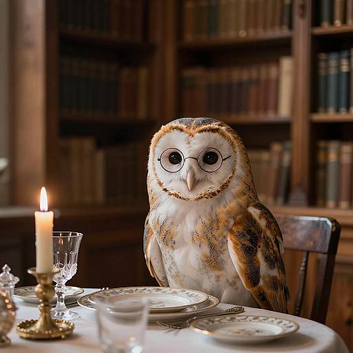 Elderly Owl Dining in Ancient Library