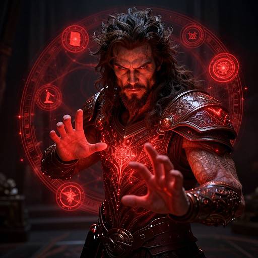 Photorealistic digital art of a fierce, bearded man with wild hair, glowing red magic, and dark, ornate armor, casting a spell