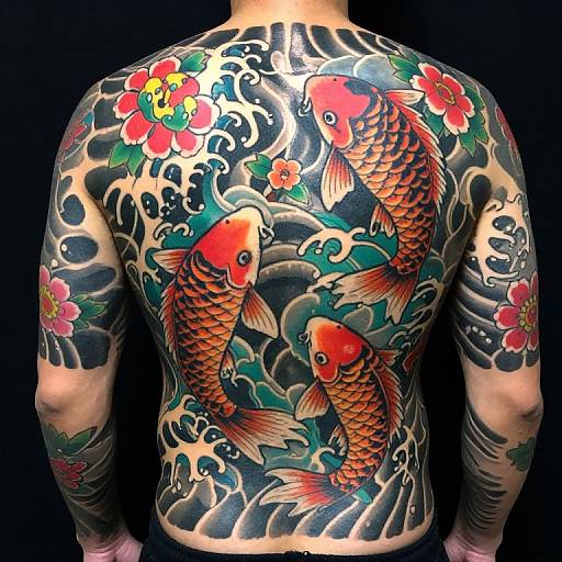 Photograph of a tattooed back featuring vibrant, detailed koi fish and red flowers in a swirling wave pattern, with dark blue and black background.