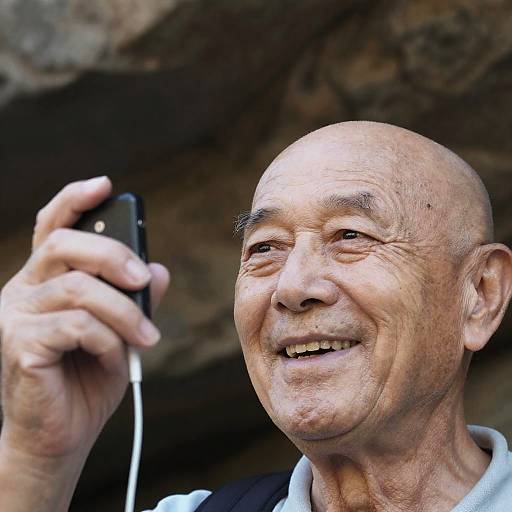 Elderly Man With Device and Rocky Background