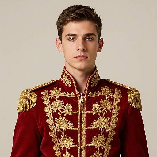 Photograph of a young man with short brown hair, wearing a red velvet military uniform with gold floral embroidery and epaulets, against a plain
