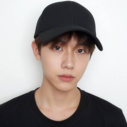 Photograph of an Asian male with fair skin, dark brown eyes, straight black hair, wearing a black cap and black shirt, against a plain white