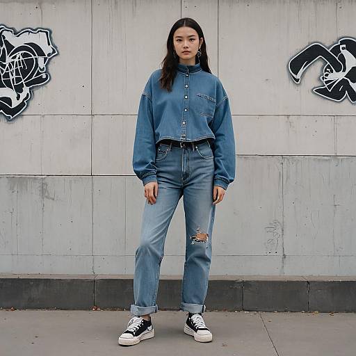 Woman in Denim Outfit at Urban Skate Park