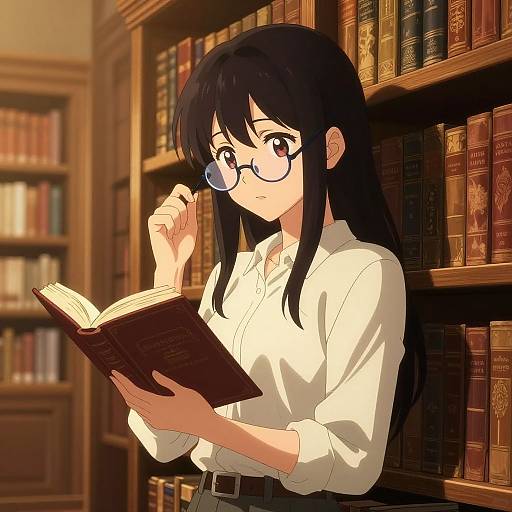 Mature Anime Girl in Sunlit Library