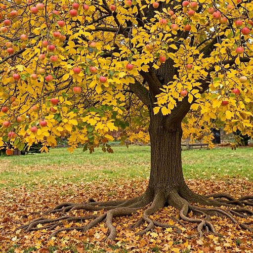 Photograph of an apple tree with vibrant yellow leaves and red apples, surrounded by a carpet of fallen autumn leaves, with its large, dark brown trunk
