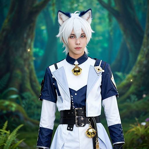 Young anime-style male with white hair and cat ears, wearing black and white costume with bells, stands in a lush, green forest. Digital art.