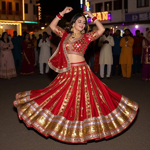 Photograph of a smiling South Asian woman in a vibrant red and gold traditional lehenga choli, dancing at a night festival with colorful lights and a