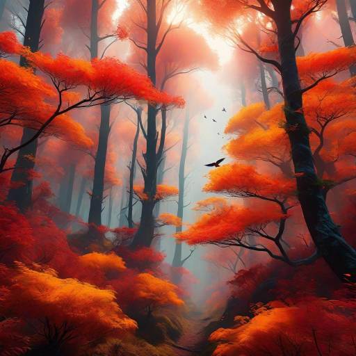 Ethereal Forest Canopy with Flaming Birds