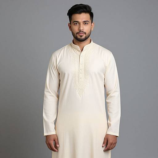 Photograph of a young South Asian man with short black hair and beard, wearing a white traditional long kurta, standing against a plain gray background.
