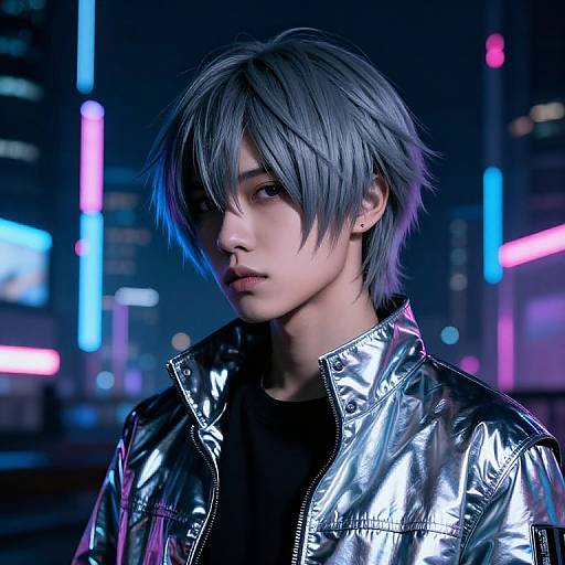 Digital artwork of an androgynous young person with silver hair, wearing a shiny silver jacket, set against a neon-lit cityscape background.