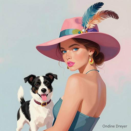 Charming Woman in Colorful Hat and Dog