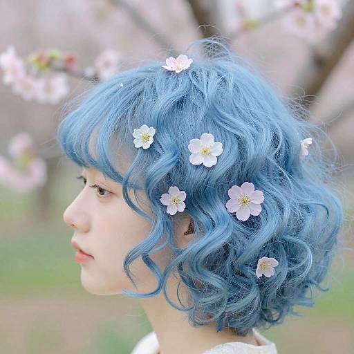 Curly Blue Hair with Spring Flowers