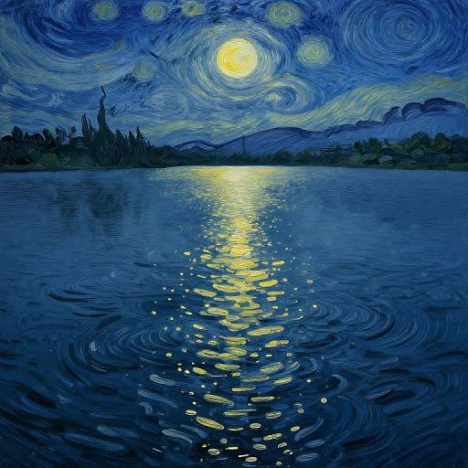 Digital painting of a moonlit lake with swirling blue sky, radiant yellow moon, and rippling water reflections, inspired by Van Gogh's style.