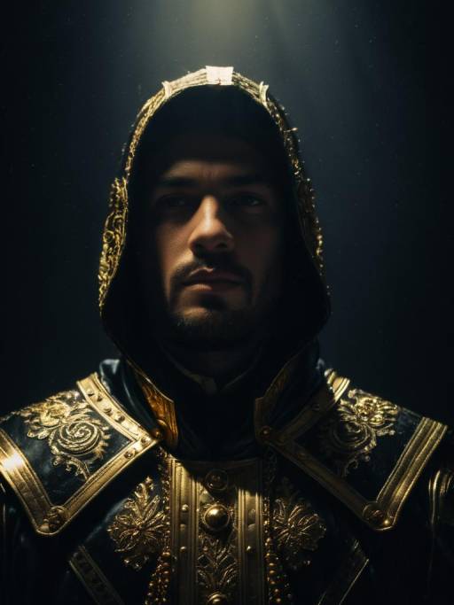 Man in Ornate Medieval Costume with Hood