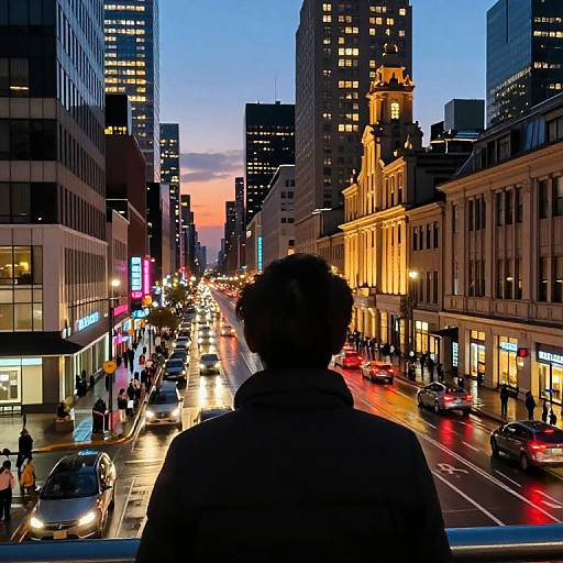 Twilight Cityscape with Neon Lights